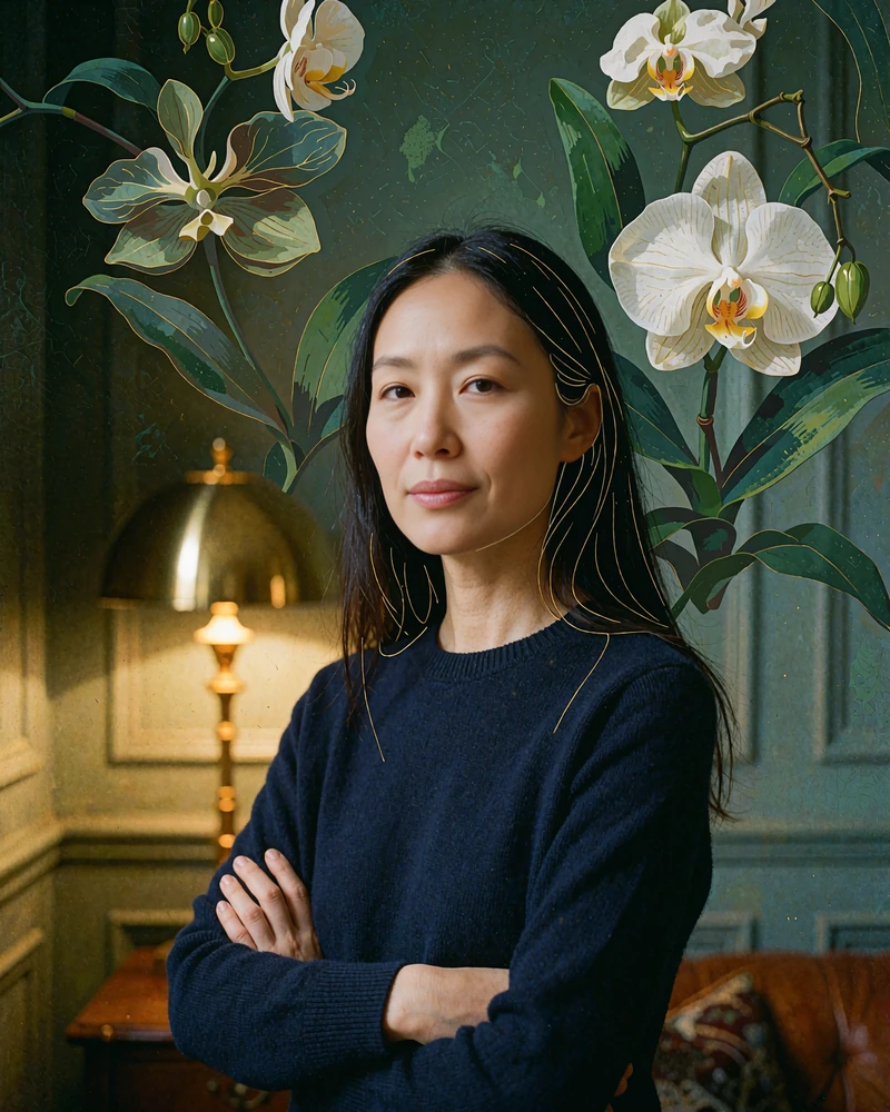 Woman with long straight black hair in a navy knit sweater smiling in a dim panelled room, a single woman near you online now