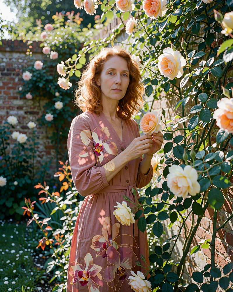 Woman with wavy copper hair in a dusty rose dress touching a climbing rose in a walled garden, a single woman nearby