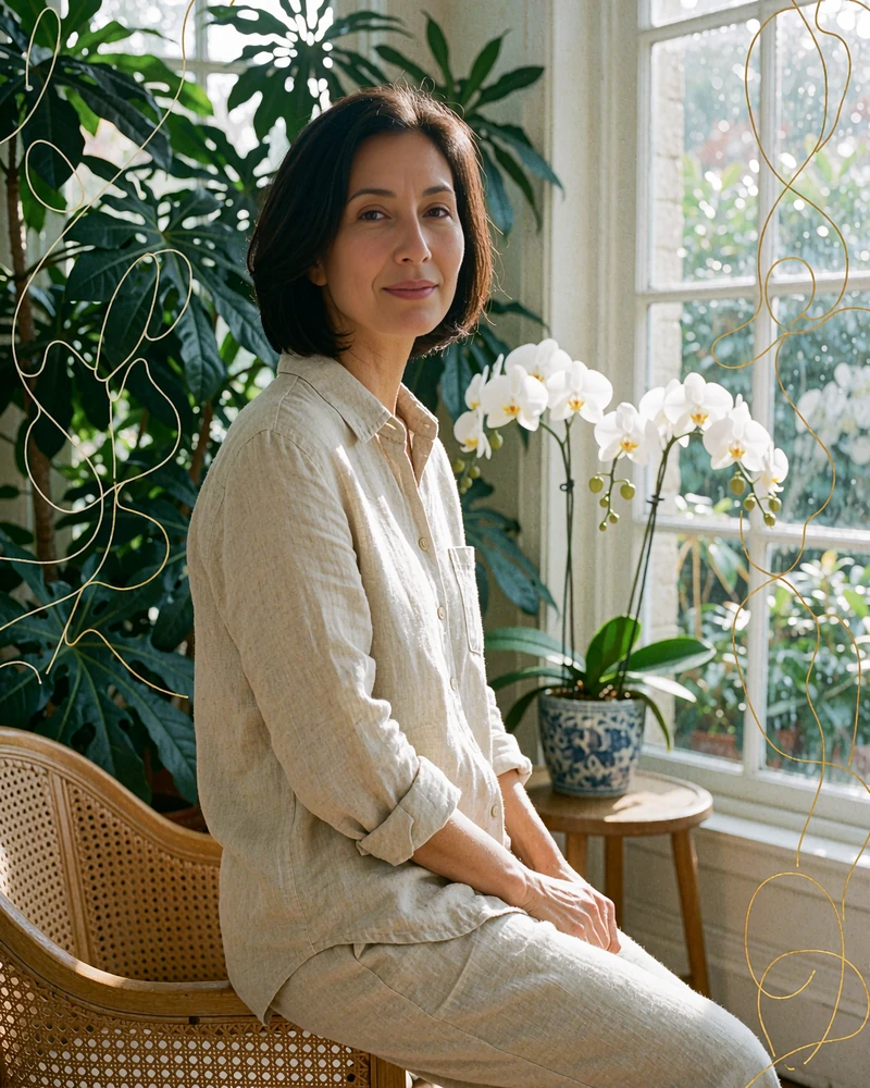Woman with a sleek dark bob in an oatmeal linen shirt seated in a bright sunroom, a local single near you on our dating site