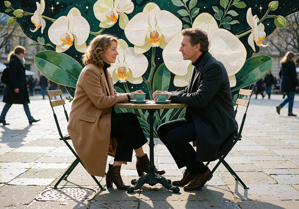 Woman in a camel coat and man in a charcoal overcoat talking over coffee at an outdoor café table, a safe public first meeting from online dating