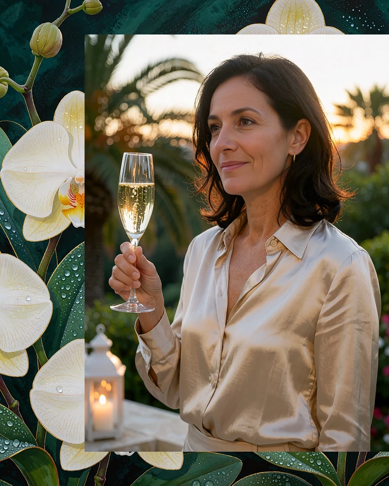 Dark-haired woman in a champagne satin blouse raising a glass on a dusk terrace, a real member photo on our free dating site