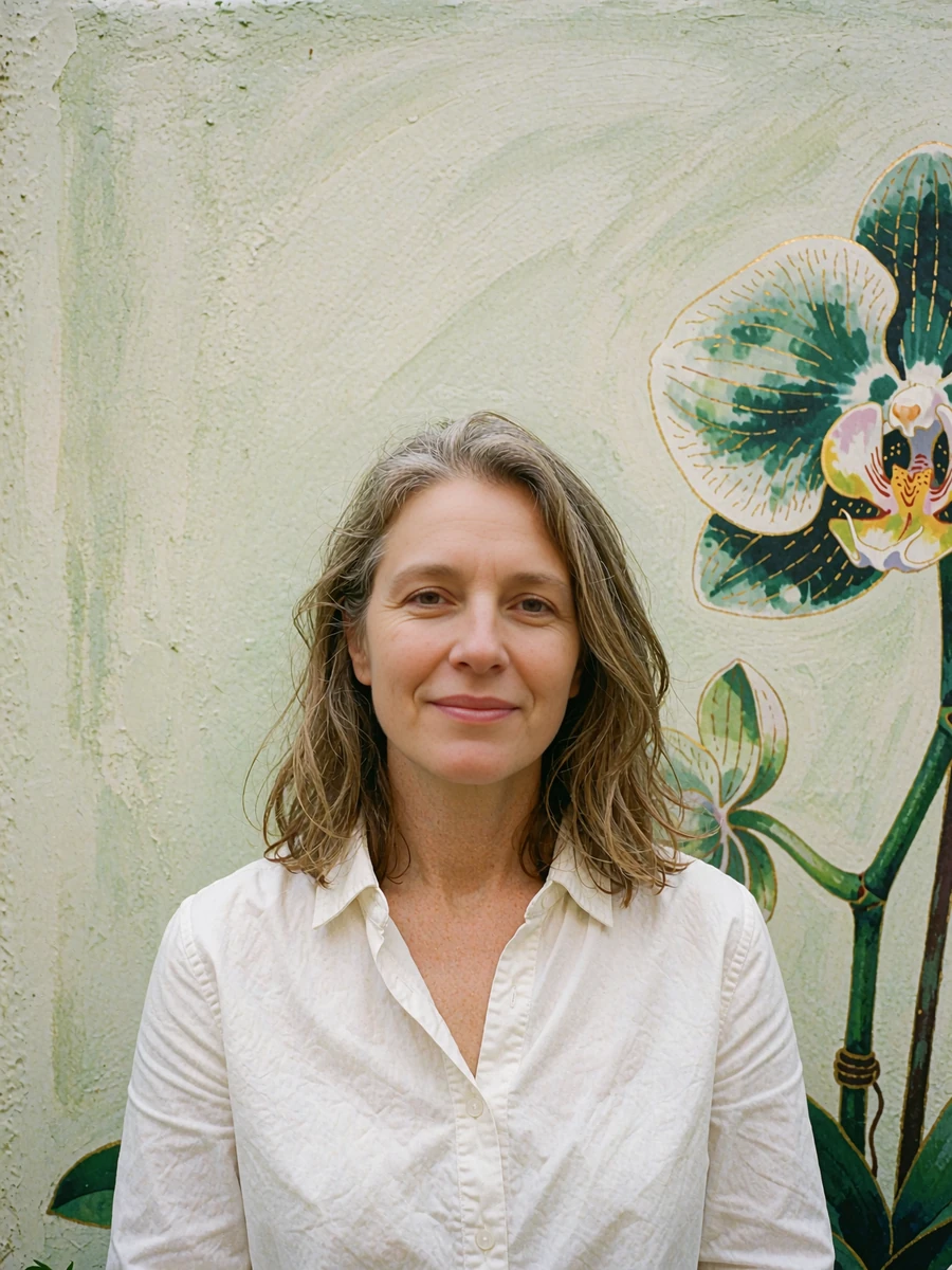Woman in a white cotton shirt smiling naturally in daylight against a plain garden wall, an example of a strong primary dating profile photo