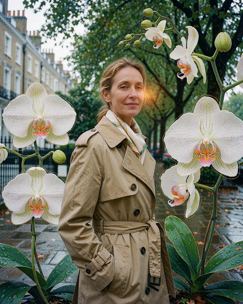 Woman in a sandstone trench coat and silk scarf walking a tree-lined pavement, a verified local single on Sweetnlively