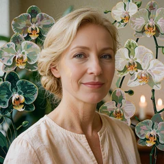 Smiling blonde woman in a blush top, an anonymous Sweetnlively member sharing her online dating experience