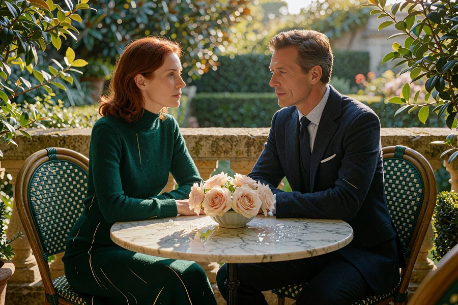 Woman in an emerald knit dress and man in a navy suit talking over coffee on a garden terrace after meeting through online dating