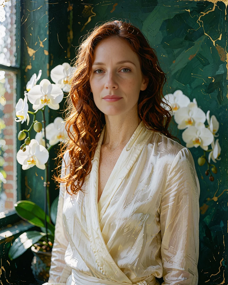 Auburn-haired woman in an ivory silk blouse smiling in a conservatory, a verified Sweetnlively dating profile photo