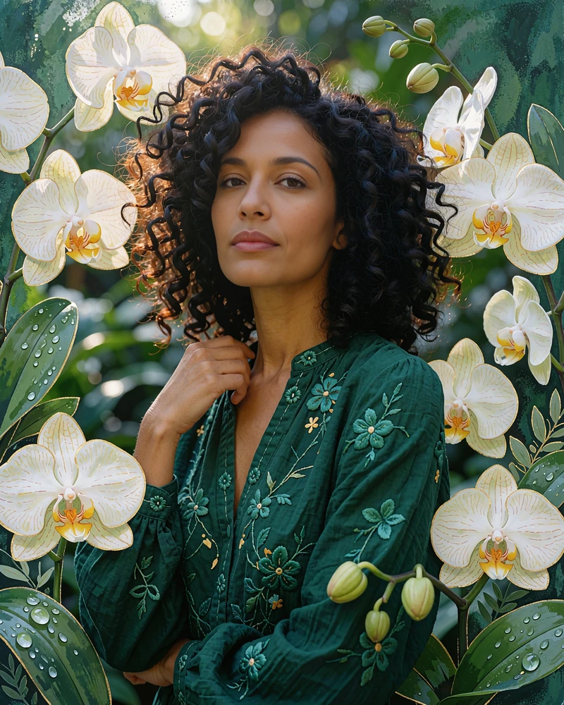 Woman with voluminous dark curls in an emerald embroidered blouse standing in a shaded garden, a verified single woman near you