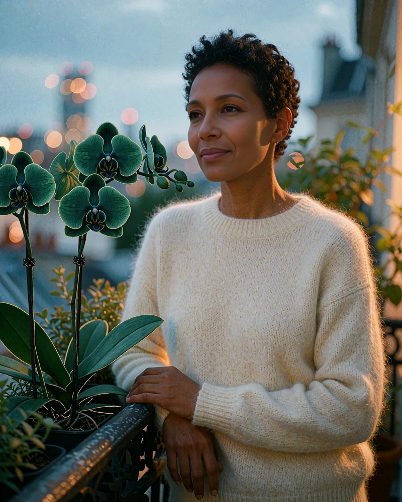 Woman with short textured hair in a cream cashmere sweater leaning on a balcony rail at dusk, a verified single near your city